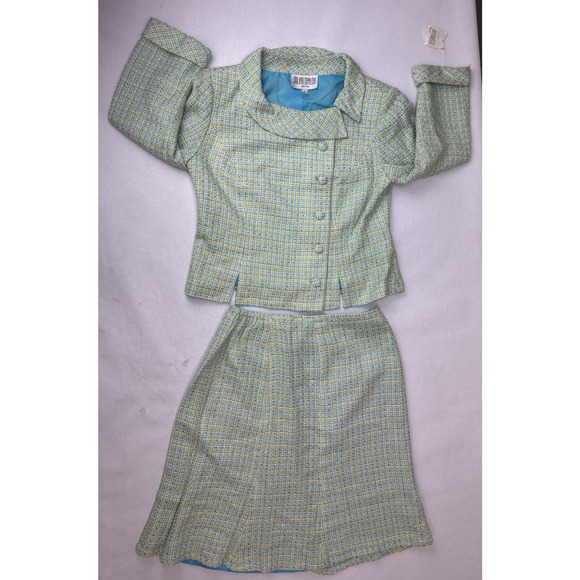 Light Academia Julian Taylor Tweed Skirt Suit Blazer Plaid Blue Yellow Size 8P - Picture 1 of 11
